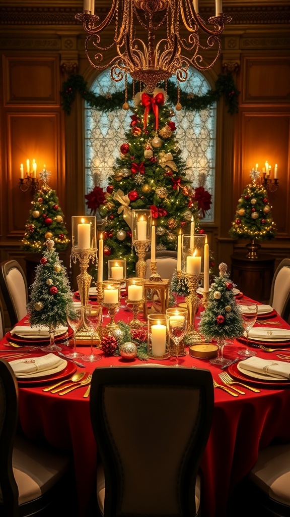Elegant Christmas Table Decoration Ideas with Trees A festive Christmas table setting with a centerpiece tree, smaller trees, candles, and ornaments on a red tablecloth.